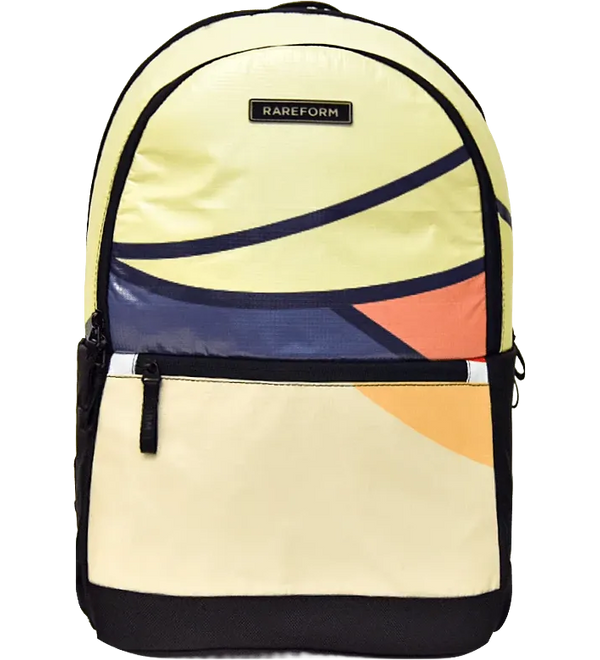 A Rareform backpack with a pale yellow and cream body, accented by navy blue curved stripes, a dark blue geometric panel, and orange accents on the front pocket.