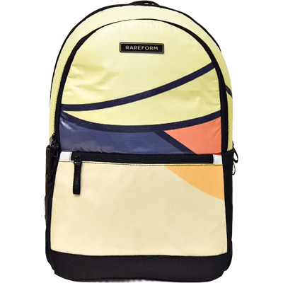 A Rareform backpack with a pale yellow and cream body, accented by navy blue curved stripes, a dark blue geometric panel, and orange accents on the front pocket.