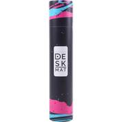 A sleek, cylindrical desk mat with a black background and vibrant pink and blue paint splatter designs at the top and bottom. A white rectangular label in the center features the text 'MELANGE DESK MAT'.