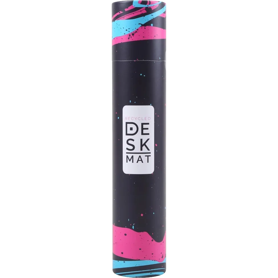 A sleek, cylindrical desk mat with a black background and vibrant pink and blue paint splatter designs at the top and bottom. A white rectangular label in the center features the text 'MELANGE DESK MAT'.