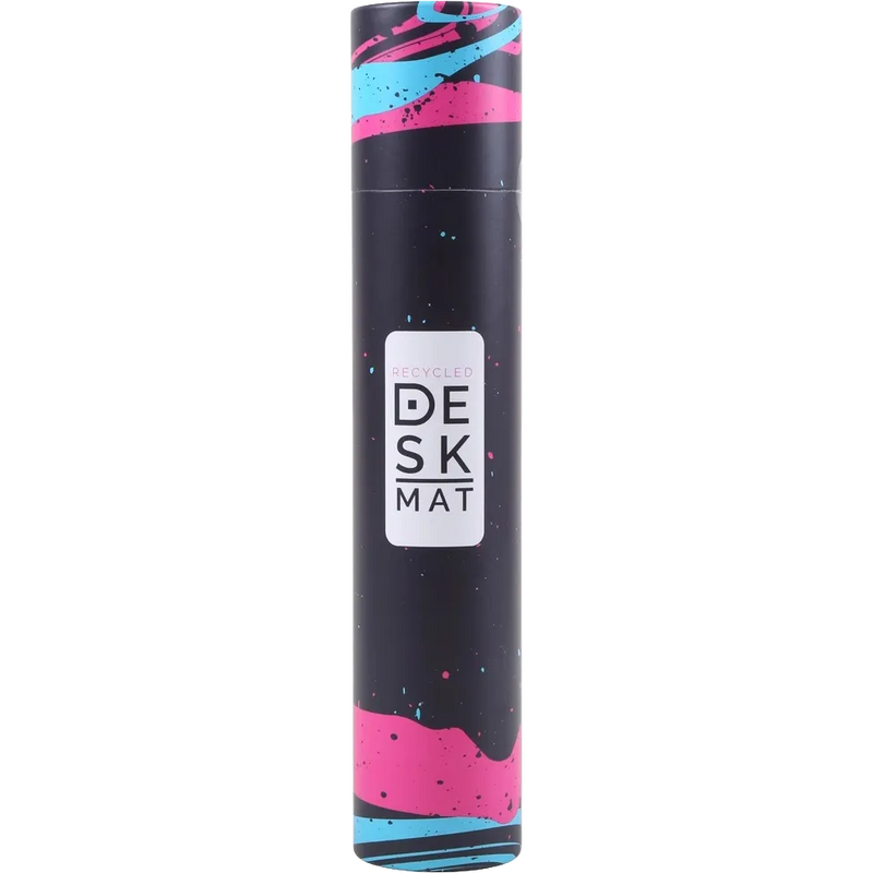 A sleek, cylindrical desk mat with a black background and vibrant pink and blue paint splatter designs at the top and bottom. A white rectangular label in the center features the text 'MELANGE DESK MAT'.