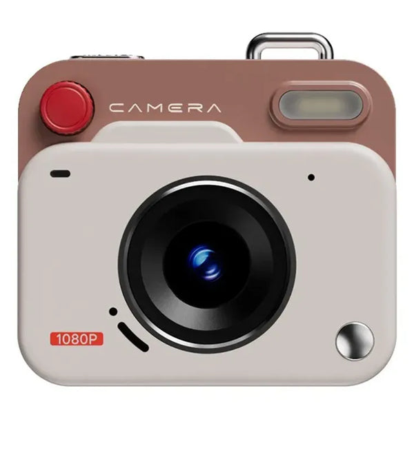 A retro-style digital camera with a beige front, a dusty rose-brown top section, a red circular button, and a black lens, shown on a plain white background.