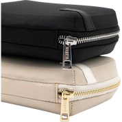 Two bags with zippers, one black and one beige, on a white background.