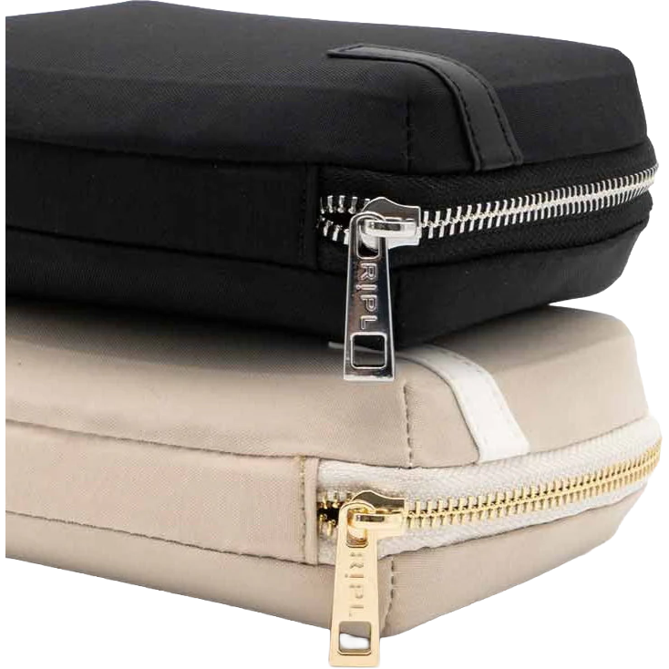 Two bags with zippers, one black and one beige, on a white background.