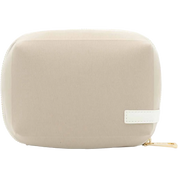 Beige rectangular pouch with a gold zipper on a white background