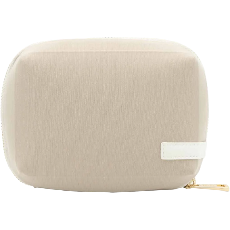 Beige rectangular pouch with a gold zipper on a white background