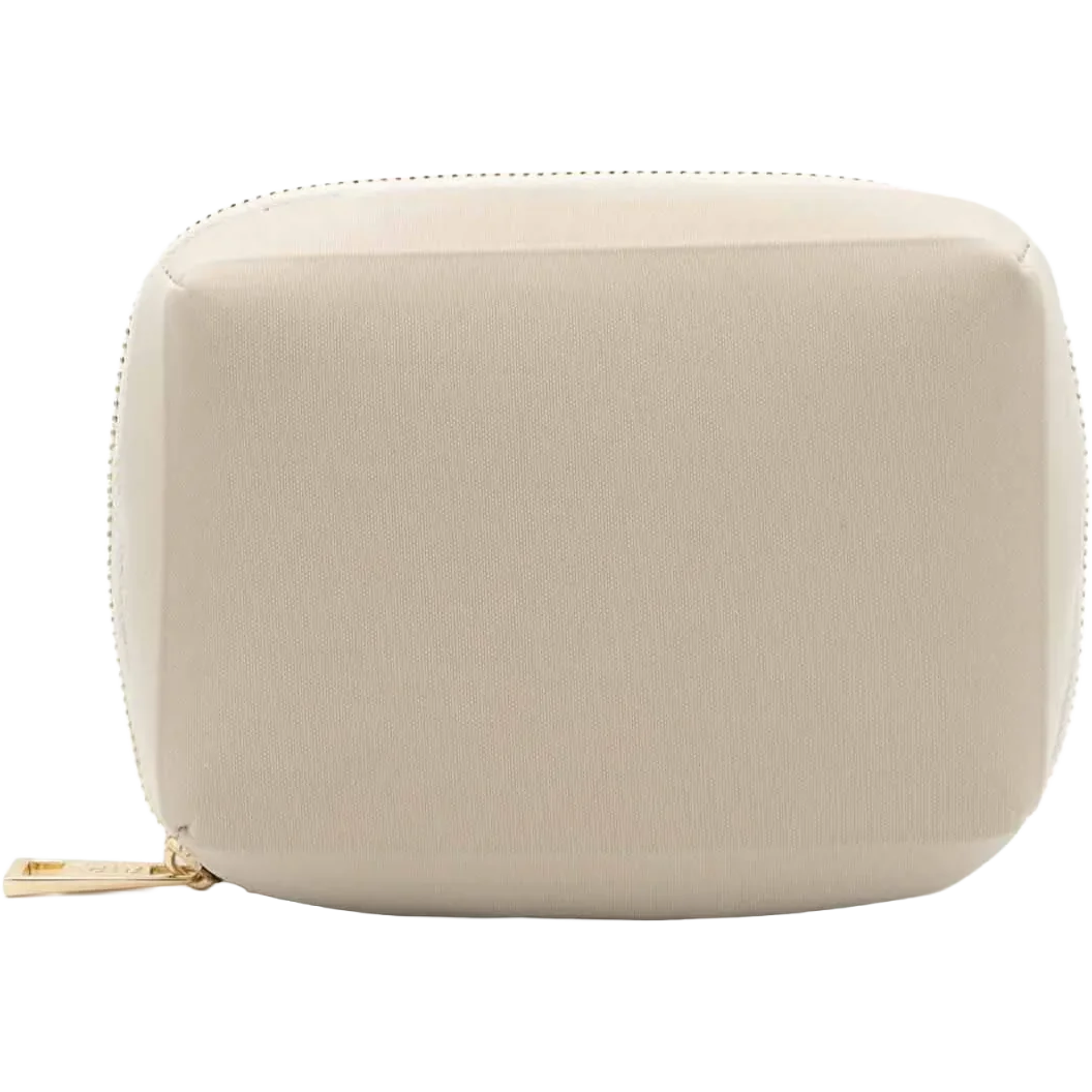 Beige zippered pouch on a white background