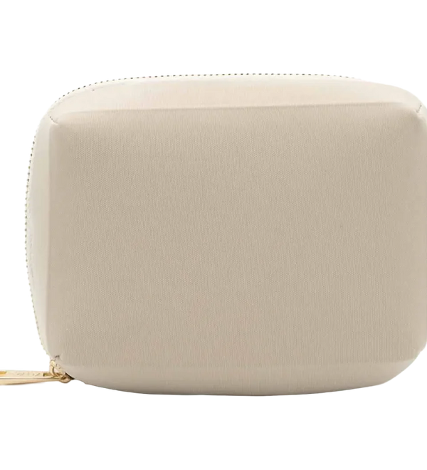 Beige zippered pouch on a white background