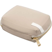 Beige travel case with a gold zipper on a white background