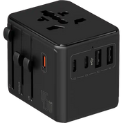 Black travel adapter with multiple ports on a white background
