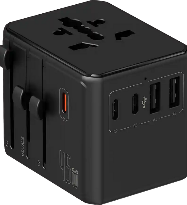 Black travel adapter with multiple ports on a white background