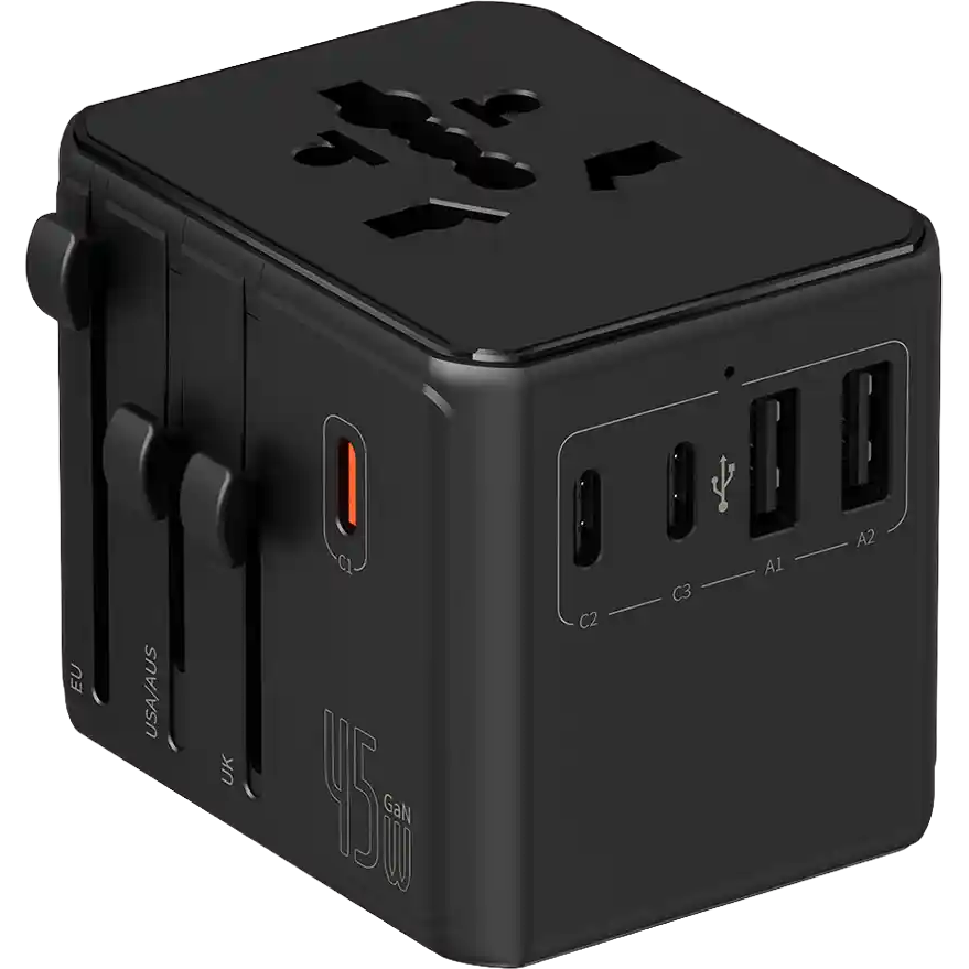 Black travel adapter with multiple ports on a white background