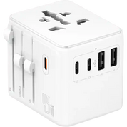 White travel adapter with multiple ports on a white background