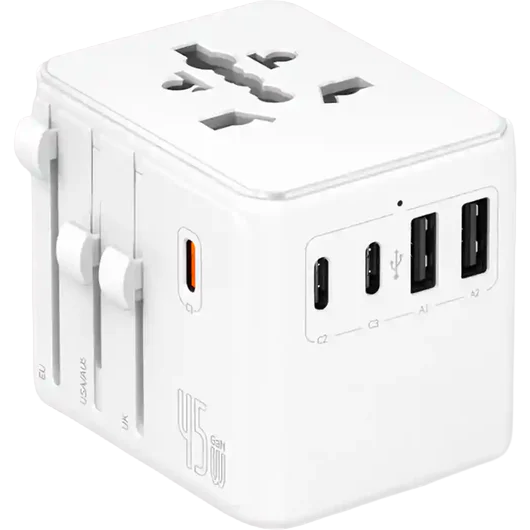 White travel adapter with multiple ports on a white background