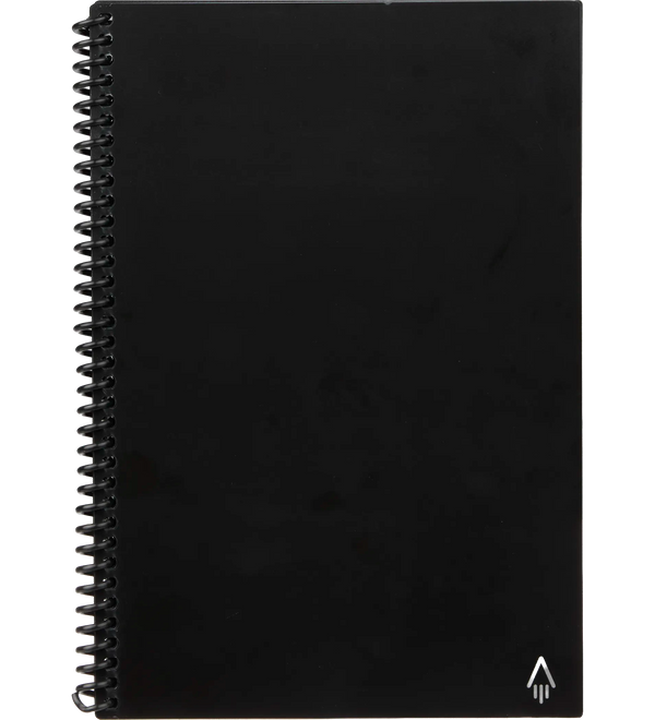 Black notebook with a spiral binding on a white background