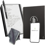 Black spiral-bound notebook with a pen, cleaning cloth, and smartphone displaying the Rocketbook logo.