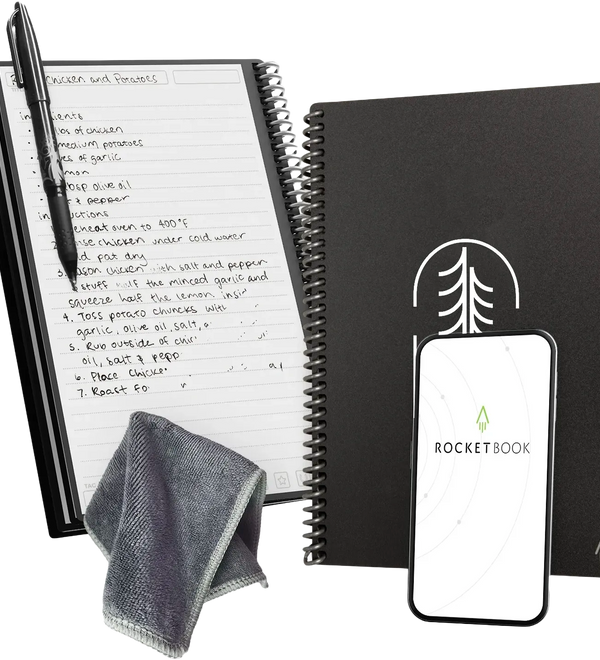 Black spiral-bound notebook with a pen, cleaning cloth, and smartphone displaying the Rocketbook logo.