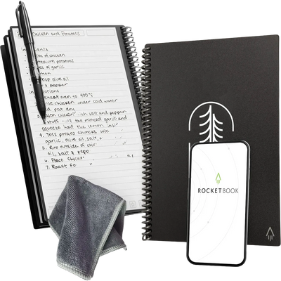 Black spiral-bound notebook with a pen, cleaning cloth, and smartphone displaying the Rocketbook logo.