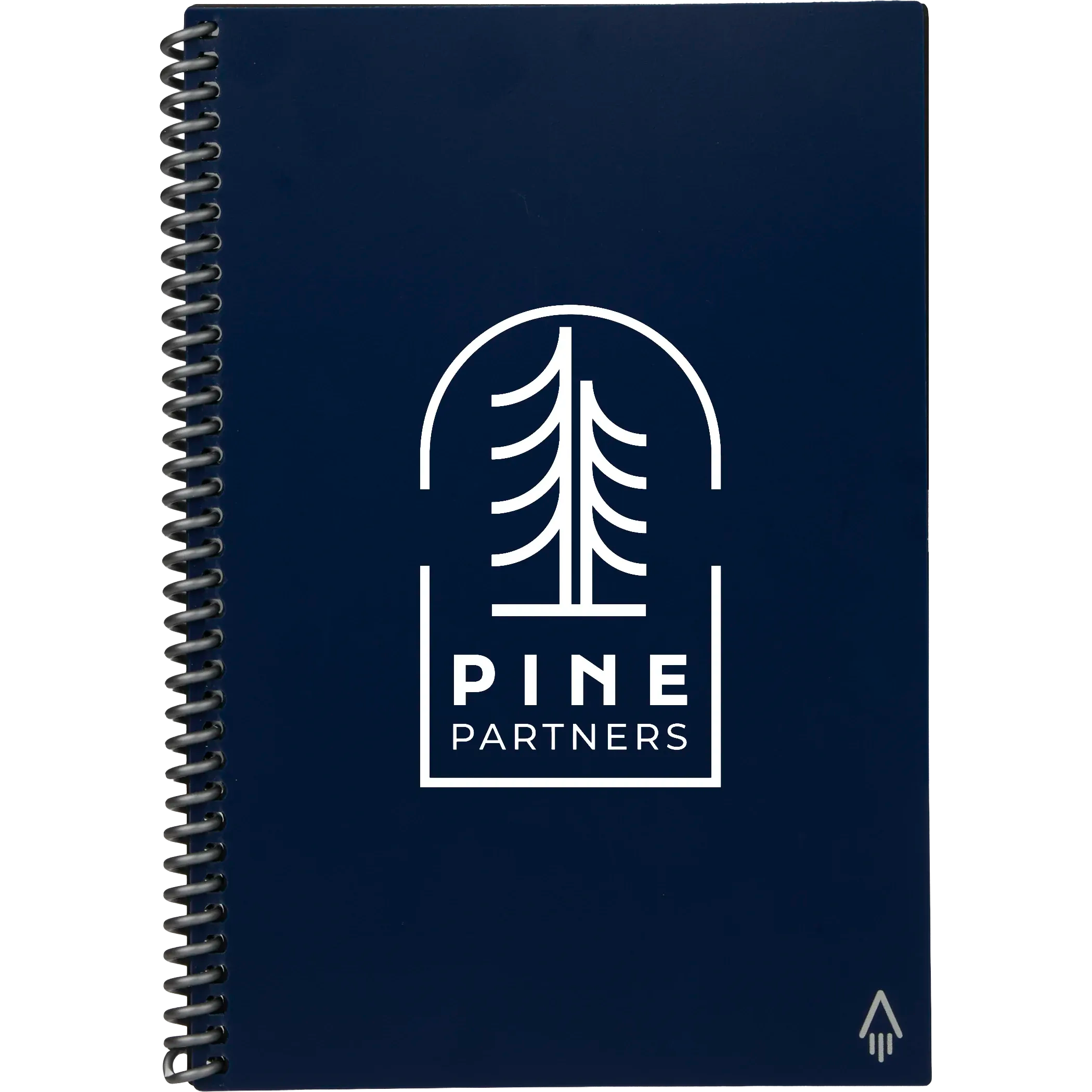 Blue notebook with Pine Partners logo on a white background