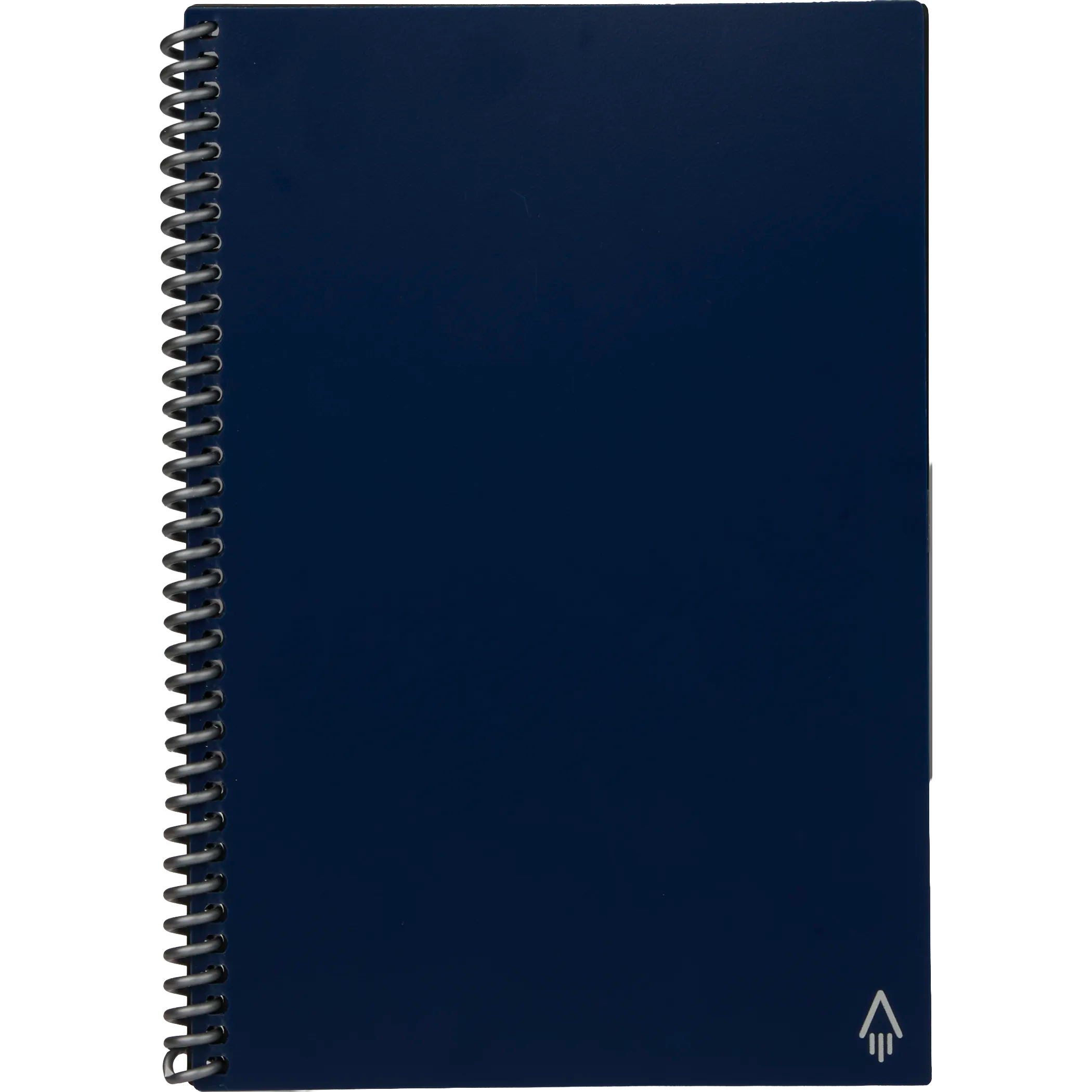 Dark blue notebook with a spiral binding on a white background