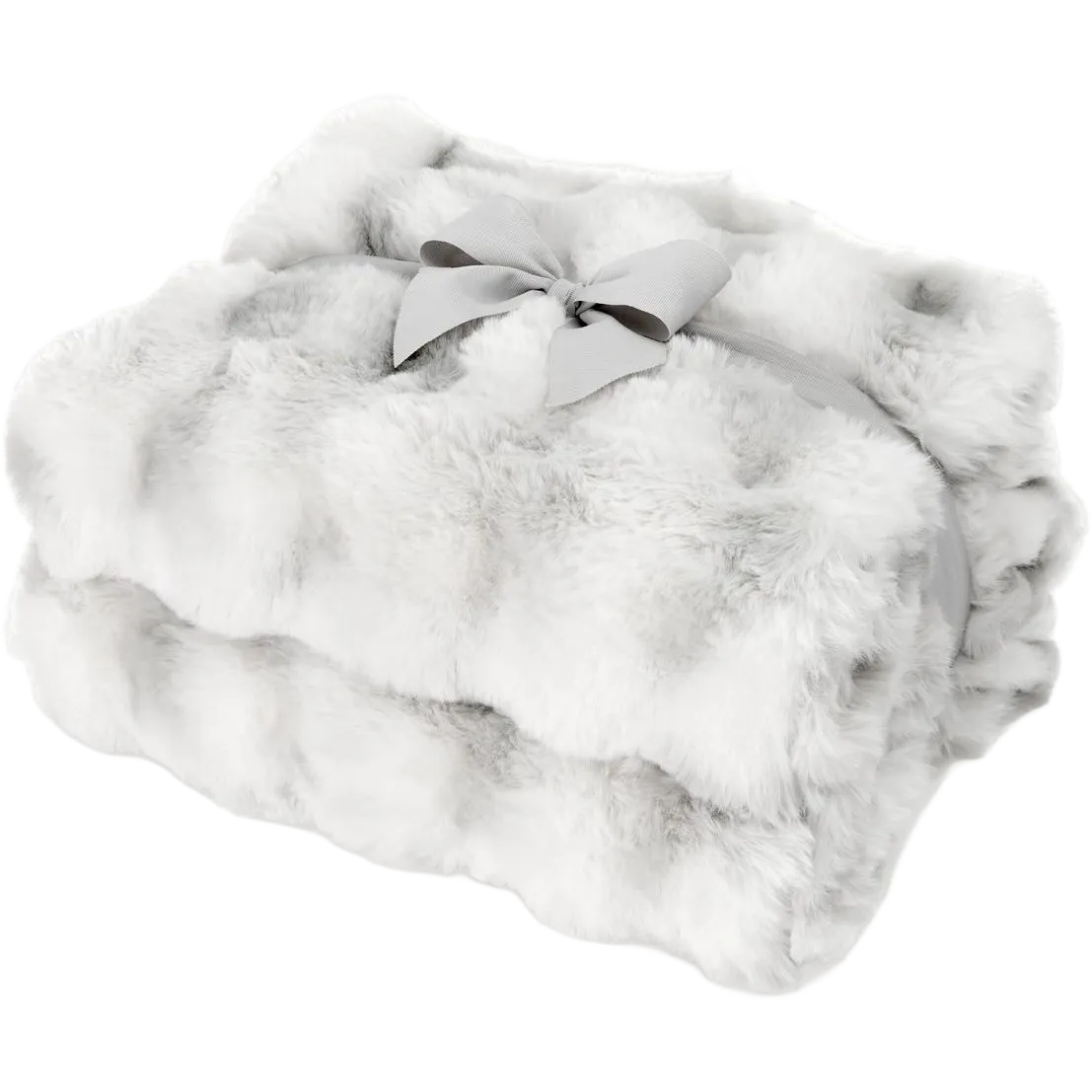 A folded white faux fur throw blanket with a light gray ribbon bow, shown on a solid white background.