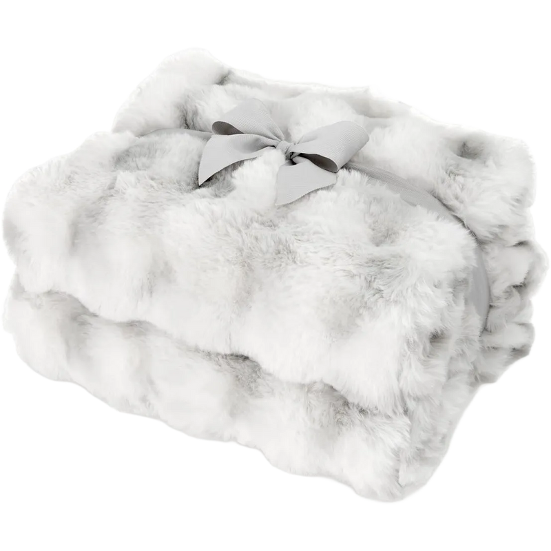 A folded white faux fur throw blanket with a light gray ribbon bow, shown on a solid white background.