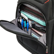 Close-up of an open black backpack showing organized interior compartments with red stitching, pen slots, a light blue folder, pens, a smartphone, and other accessories. A small card on the inside pocket shows the brand HARKKON.