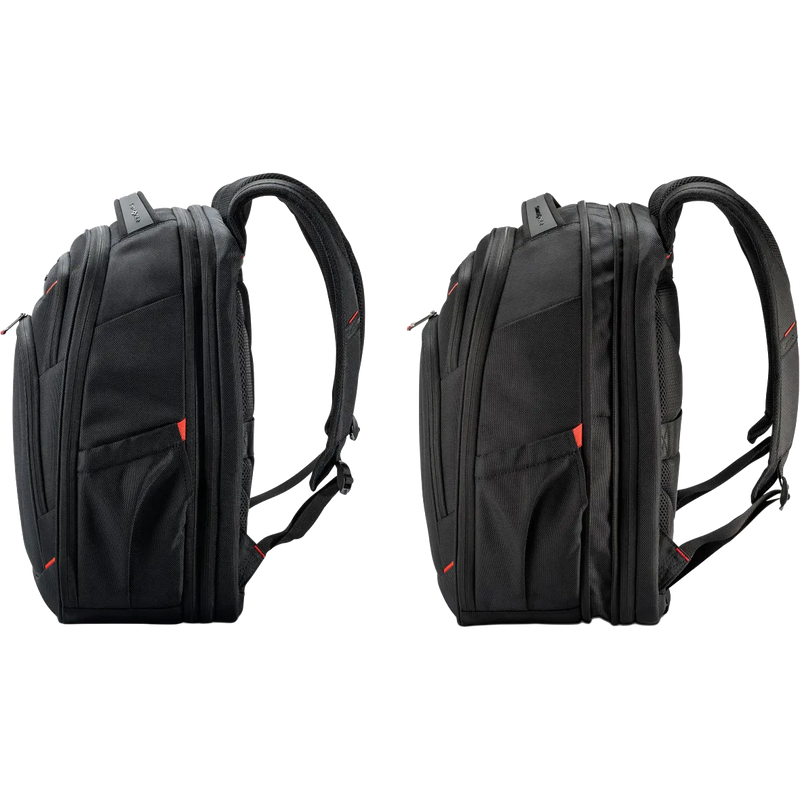 Two black backpacks shown side by side on a plain white background, photographed from the side profile to show the shape and compartments of the bag.