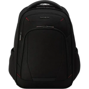 A black Samsonite backpack with red accent stitching and zippers, shown from a front three-quarter angle on a solid white background.