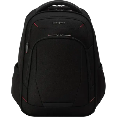 A black Samsonite backpack with red accent stitching and zippers, shown from a front three-quarter angle on a solid white background.