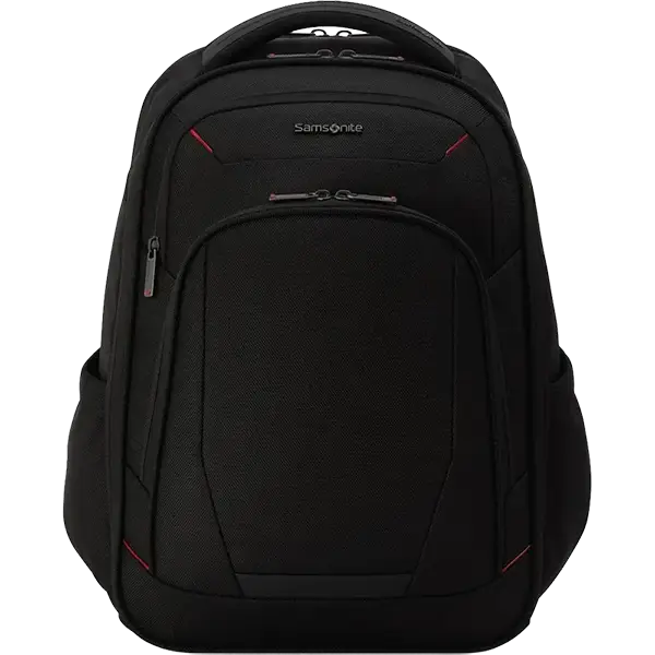 A black Samsonite backpack with red accent stitching and zippers, shown from a front three-quarter angle on a solid white background.