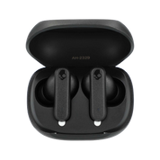 Black wireless earbuds in an open case on a white background