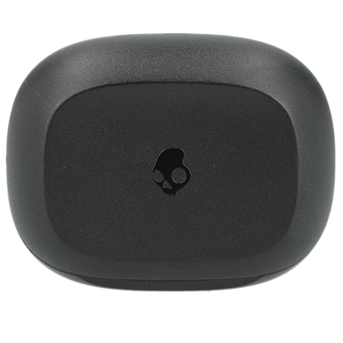 Black rectangular device with a logo on a white background