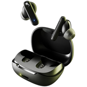 True wireless earbuds with charging case on a white background