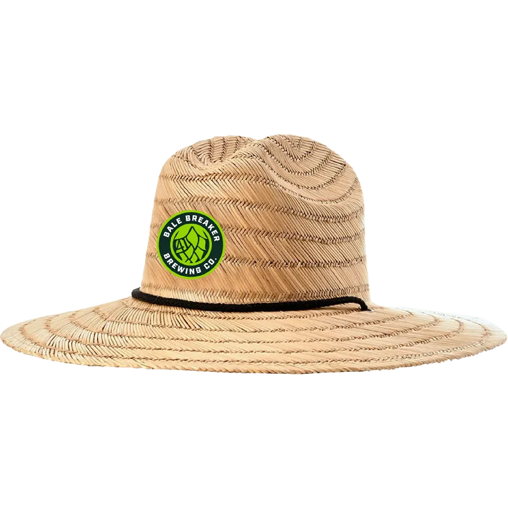 Custom wide-brim straw hat with embroidered Bale Breaker Brewing Co. logo