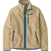 Patagonia Retro Pile fleece jacket in tan with blue trim and full-zip front