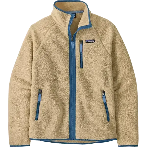Patagonia Retro Pile fleece jacket in tan with blue trim and full-zip front