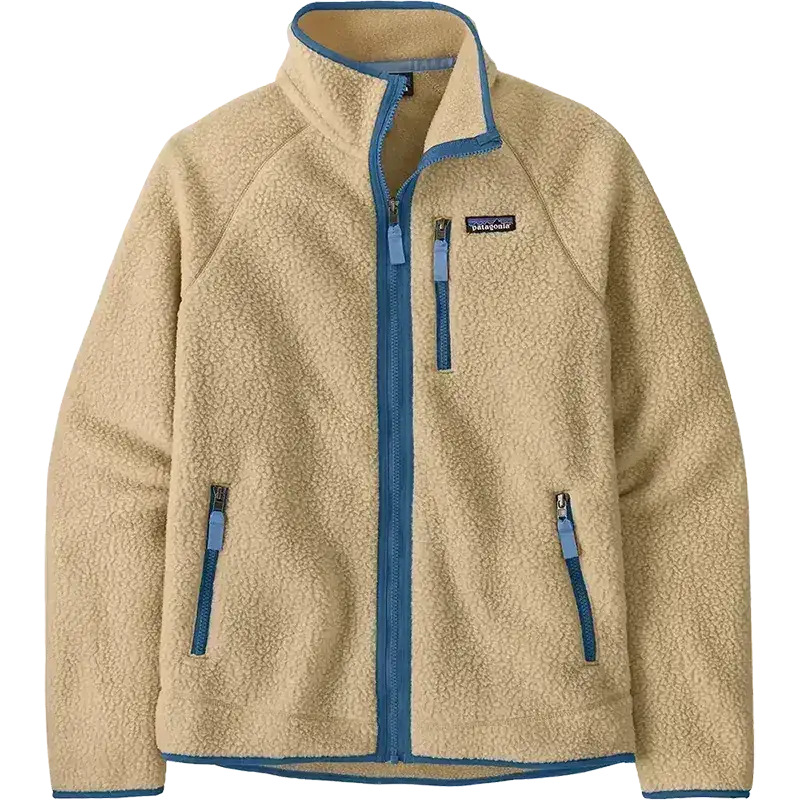 Patagonia Retro Pile fleece jacket in tan with blue trim and full-zip front