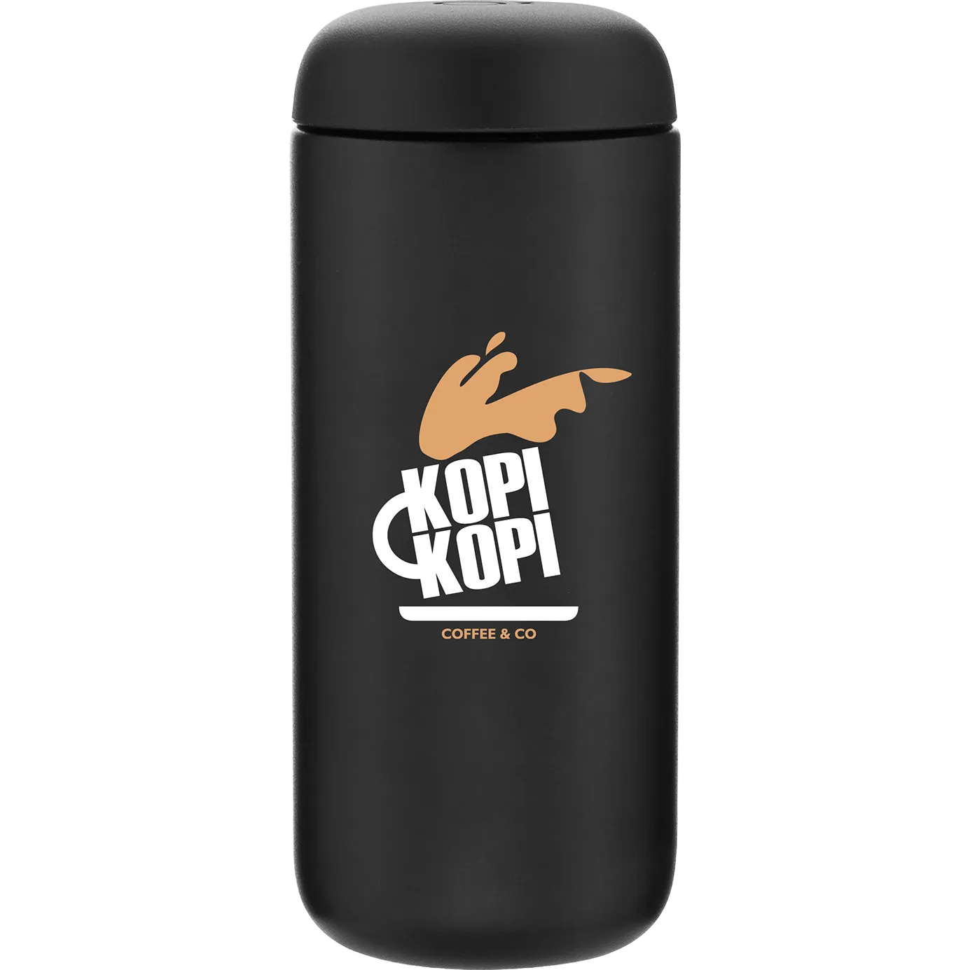 A matte black insulated travel tumbler with a matching lid, featuring a white and orange 'KOPI KOPI COFFEE & CO' logo on the front, set against a plain white background.