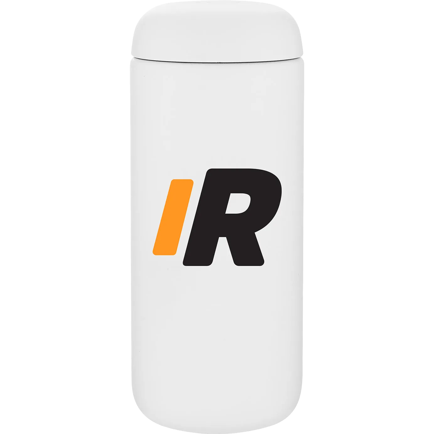 A white insulated travel tumbler with a matching white lid, featuring a stylized black and orange 'IR' logo on the front, set against a plain white background.