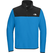 The North Face men's quarter-zip fleece pullover by The North Face, featuring a bright blue body and black yoke with a black collar, shown on a plain white background.