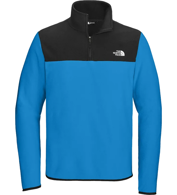 The North Face men's quarter-zip fleece pullover by The North Face, featuring a bright blue body and black yoke with a black collar, shown on a plain white background.