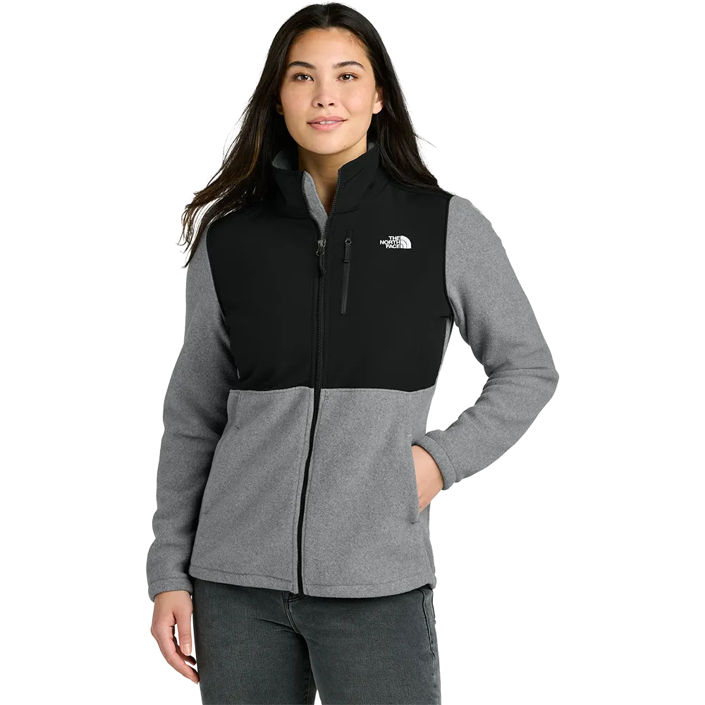 Model wearing The North Face Women's Highest Peak Full-Zip Fleece Jacket in TNF Medium Grey Heather and TNF Black