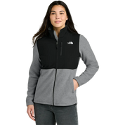 Model wearing The North Face Women's Highest Peak Full-Zip Fleece Jacket in TNF Medium Grey Heather and TNF Black