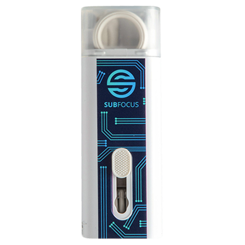 Electronic device with 'SUBFOCUS' branding on a white background
