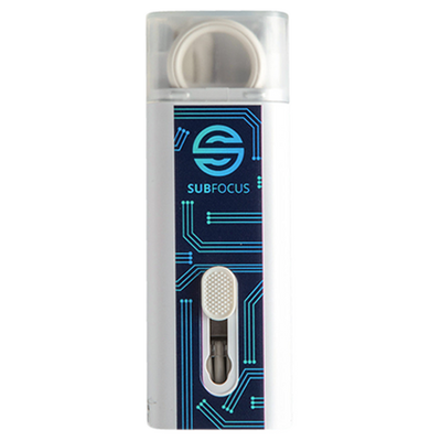 Electronic device with 'SUBFOCUS' branding on a white background