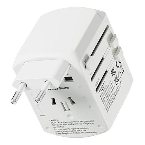 Xoopar White travel adapter with multiple ports on a white background